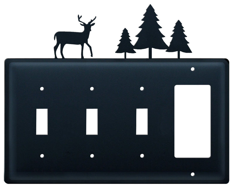 Quad Deer and Pine Trees Triple Switch & Single GFI Cover CUSTOM Product features a black metal wall plate with deer and pine tree silhouettes. Ideal for rustic or cabin-themed electrical decor.