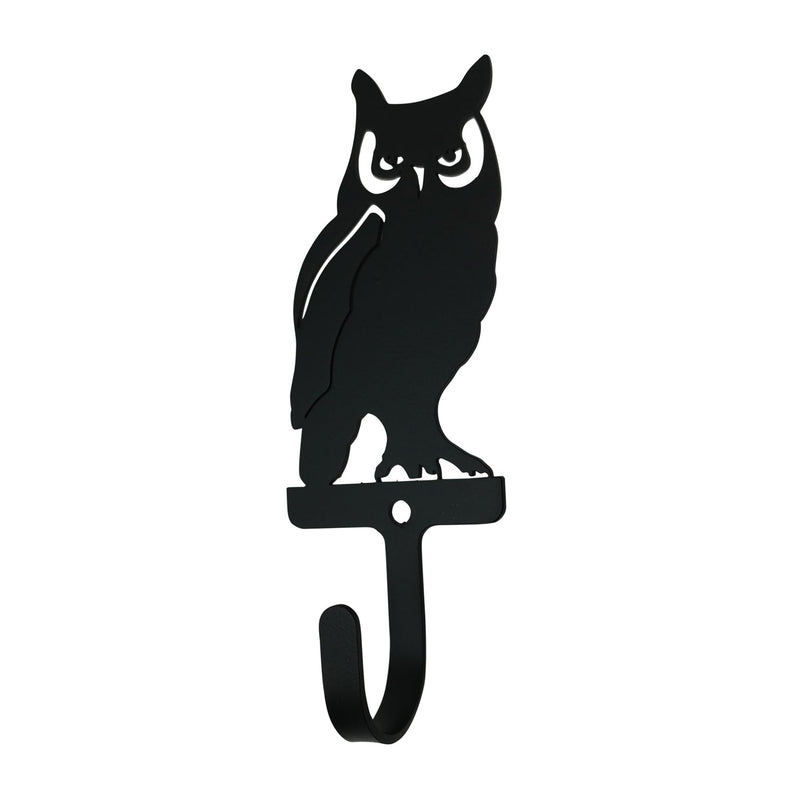 Owl Wall Hook Small in black metal with detailed owl silhouette design, ideal for hanging keys or accessories in home and garden spaces.
