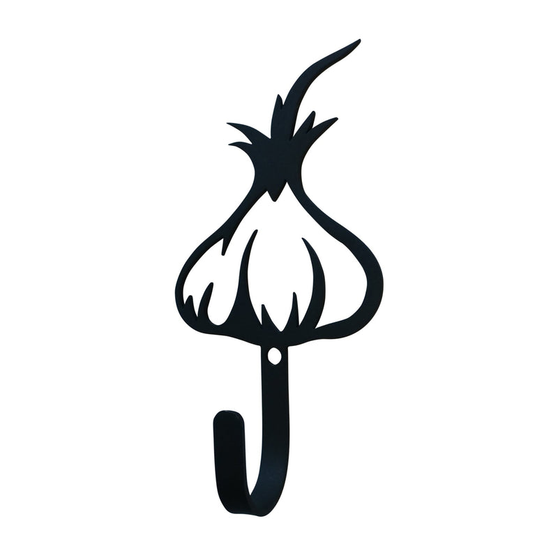 Garlic Bulb Wall Hook Small in black metal with a stylized garlic design, ideal for kitchen or pantry storage organization.