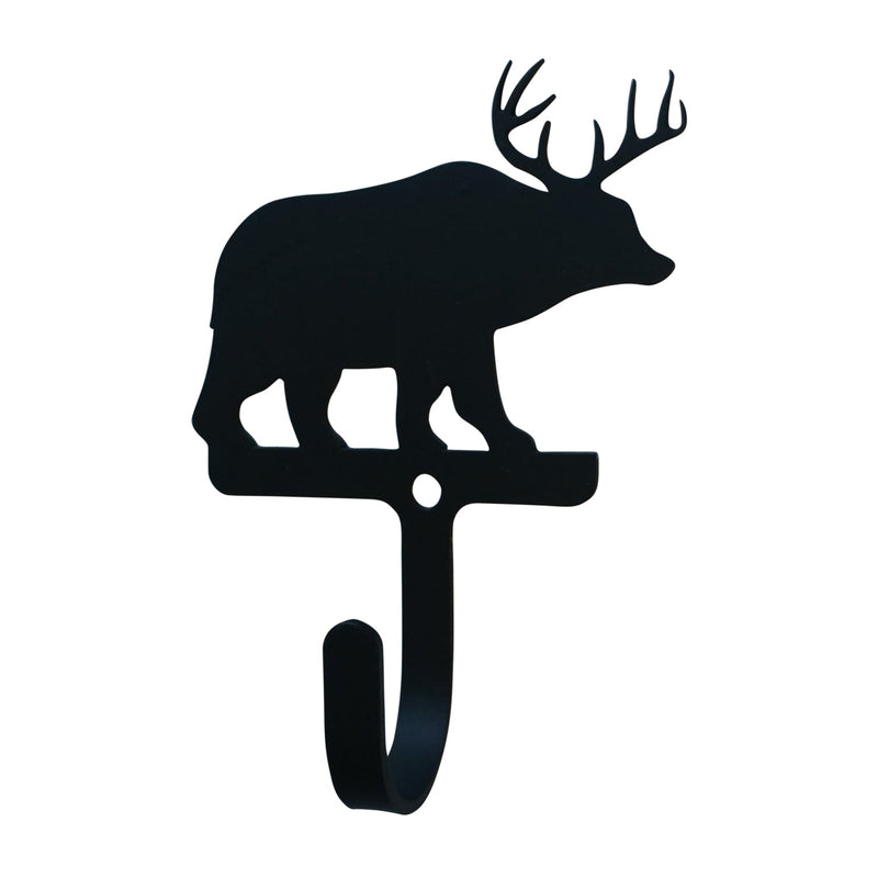 Bear Deer Wall Hook Small features a black metal silhouette of a bear with antlers, ideal for rustic home décor and utility storage in entryways.