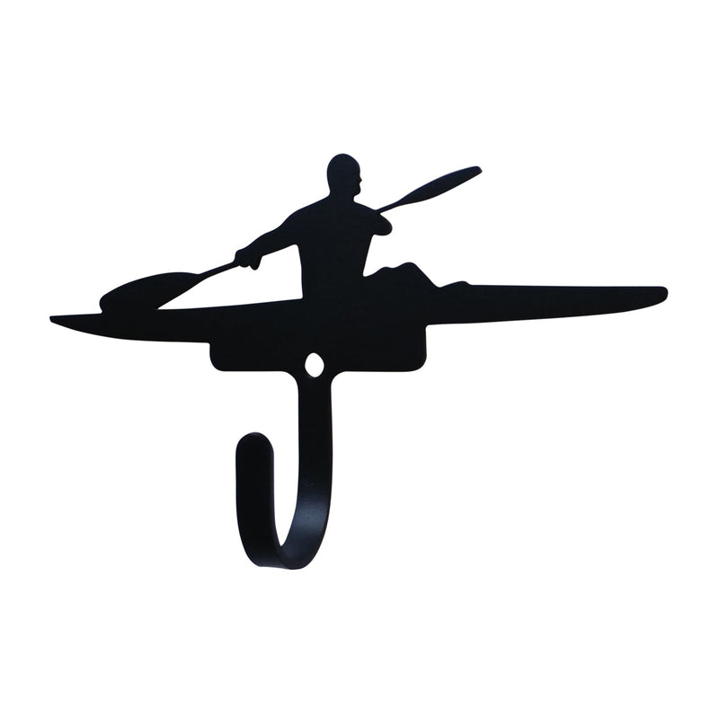 Black metal Kayak Wall Hook featuring a silhouette of a kayaker paddling, ideal for organizing gear in home or garage storage spaces.