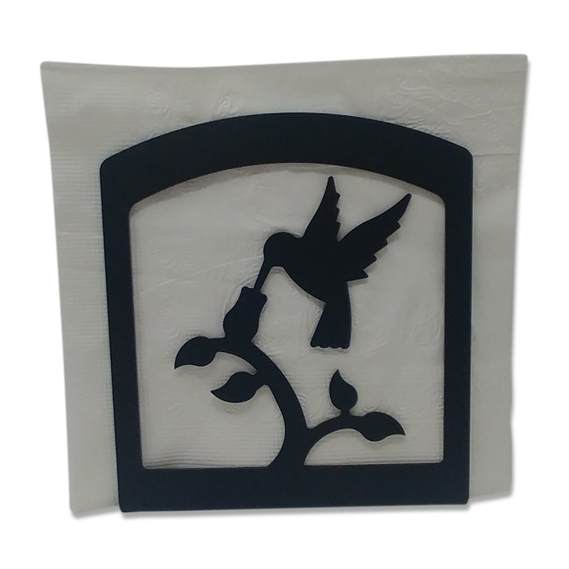 Hummingbird Napkin Holder with black metal silhouette of a hummingbird feeding from a flower, ideal for kitchen or dining table organization.