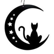 Hanging décor silhouette of a cat on a crescent moon with stars, perfect for seasonal home and garden decoration in autumn themes.