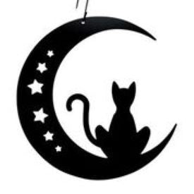Hanging décor silhouette of a cat on a crescent moon with stars, perfect for seasonal home and garden decoration in autumn themes.