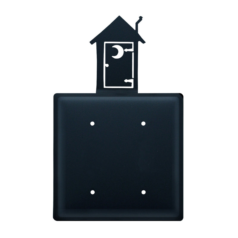 Double Outhouse Double Elec Cover CUSTOM Product features a black metal wall plate with a decorative outhouse silhouette. Ideal for rustic-themed electrical installations.