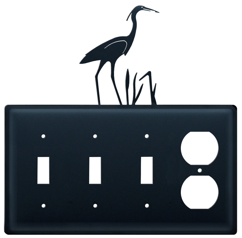 Quad Heron Triple Switch & Single Outlet CUSTOM Product features a black wall plate with a heron silhouette design. Ideal for decorative electrical covers.