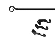 Black Curl Curtain Rod LG featuring elegant curled end design and three matching wall brackets, perfect for home window decor.