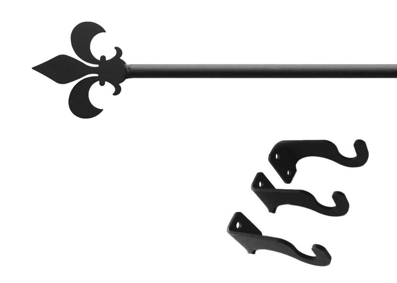 Fleur de lis curtain rod in matte black finish with decorative finial and included mounting hardware. Ideal for window treatments up to 60 inches.