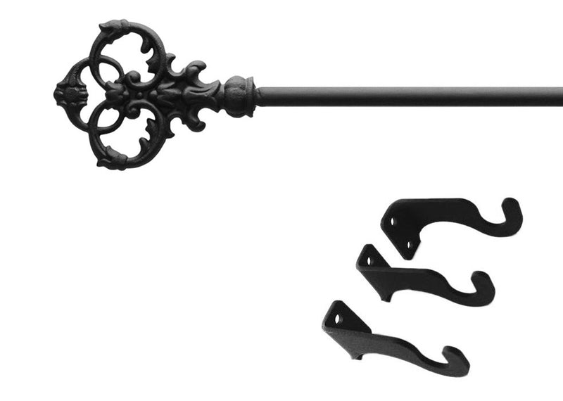 Victorian Curtain Rod Med with ornate antique-style finial and included black mounting hardware. Ideal for elegant window treatments up to 60 inches.