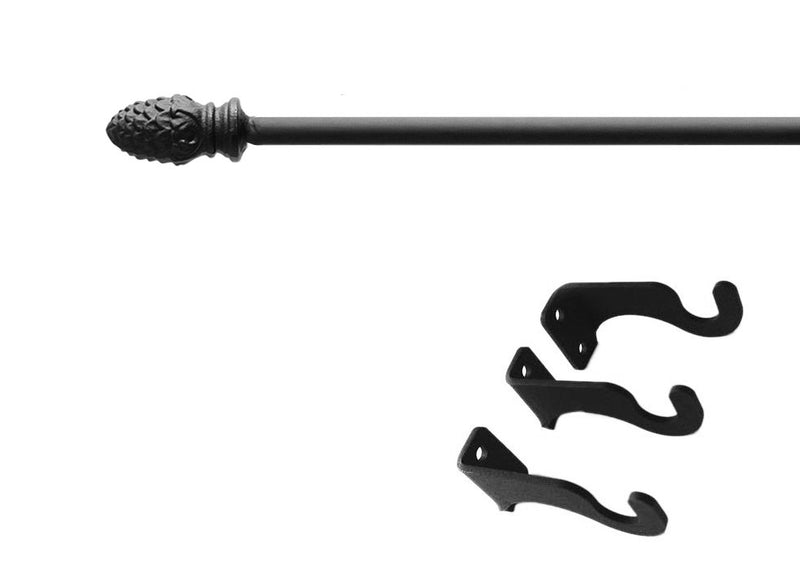 Remington Curtain Rod Med with decorative finial and black mounting hardware included, ideal for window treatments up to 60 inches wide.