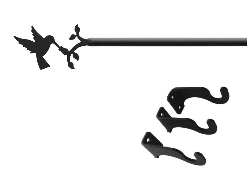 Hummingbird Curtain Rod Med with decorative bird and branch finial, includes black mounting hardware for easy installation.