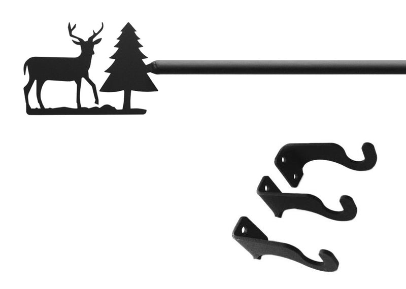 Deer Pine Curtain Rod Med with black metal silhouette of deer and pine tree, includes mounting hardware for window treatments up to 60 inches.