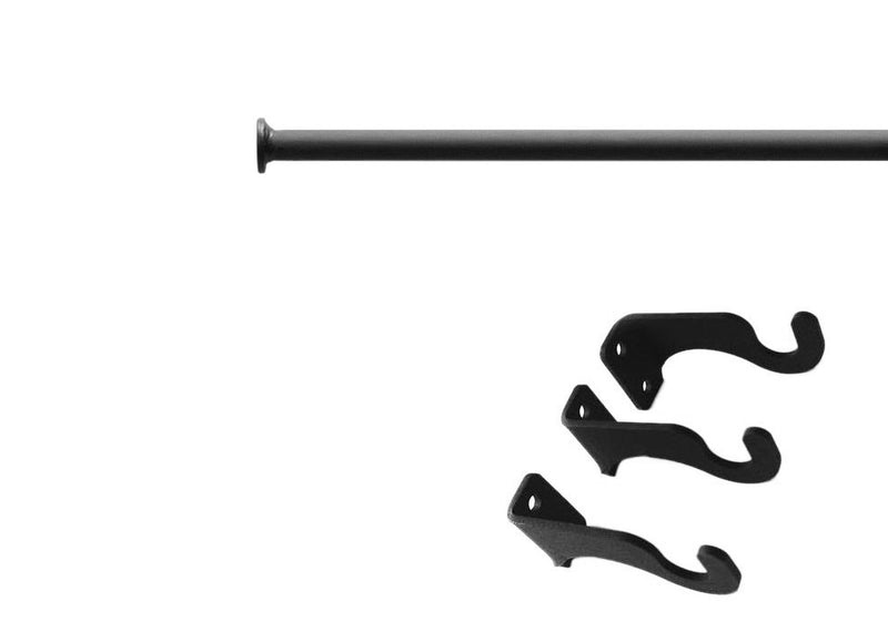 Plain Curtain Rod Med with black finish includes three matching wall brackets. Extends up to 60 inches for versatile window coverage.