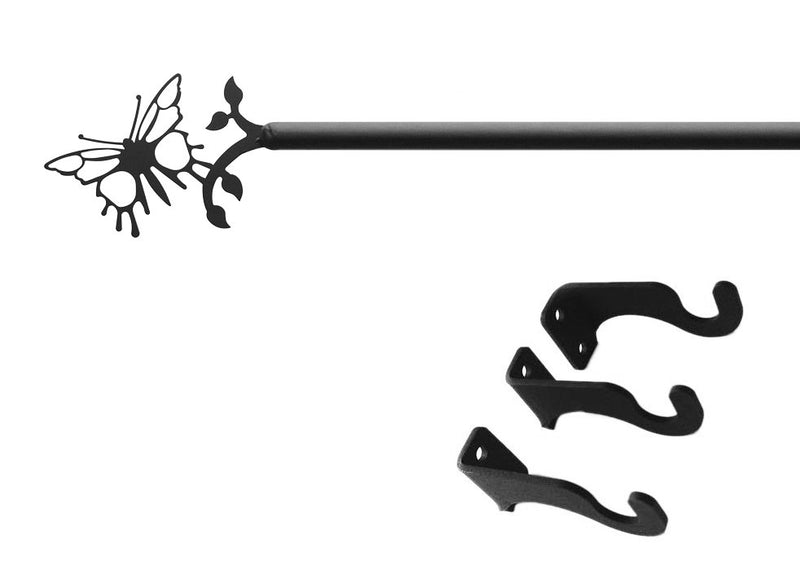 Butterfly Curtain Rod Med with decorative butterfly finial and included black mounting hardware. Ideal for window treatments up to 60 inches.