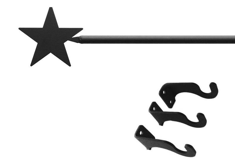 Star Curtain Rod XL with black star finial and included mounting hardware, ideal for Christmas decorations and window treatments up to 130 inches.