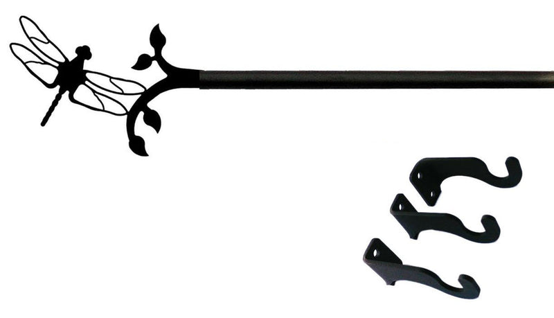 Dragonfly Curtain Rod LG with decorative dragonfly and leaf finial design, includes three black mounting brackets. Ideal for window treatments up to 112 inches.