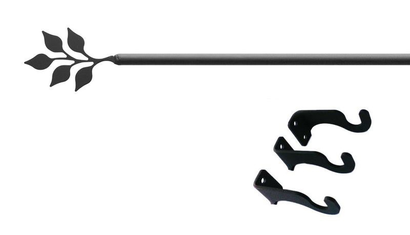 Leaf Curtain Rod LG with decorative black leaf finial and included mounting hardware, extends up to 112 inches for window treatments.
