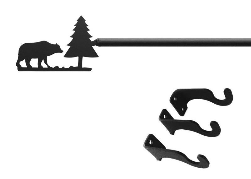 Bear Pine Curtain Rod Med with black metal bear and pine tree finial design, includes three matching wall mounting brackets. Ideal for rustic home decor.