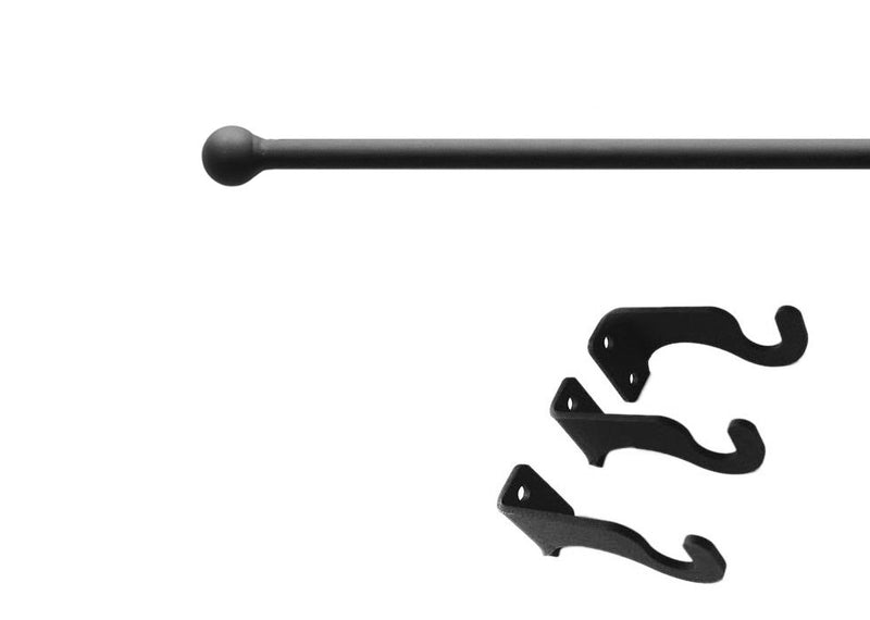 Ball Curtain Rod LG with matte black finish and included mounting hardware, ideal for window treatments up to 112 inches wide.