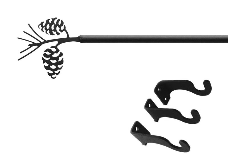 Pinecone Curtain Rod LG with decorative pinecone finial and included black mounting hardware. Extends up to 112 inches for wide windows.