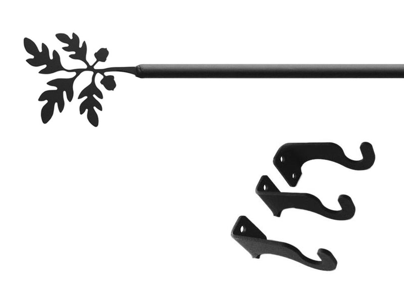 Acorn Curtain Rod Med with decorative leaf finial and included black mounting hardware. Ideal for windows up to 60 inches wide.