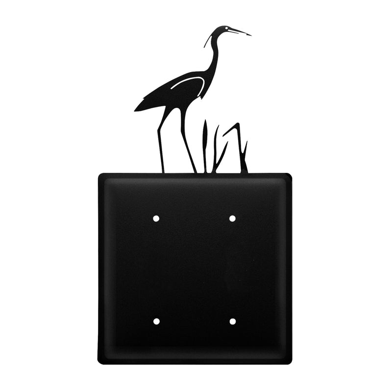 Double Heron Double Elec Cover CUSTOM Product features a black metal wall plate with two herons and reeds design. Ideal for decorative electrical covers.