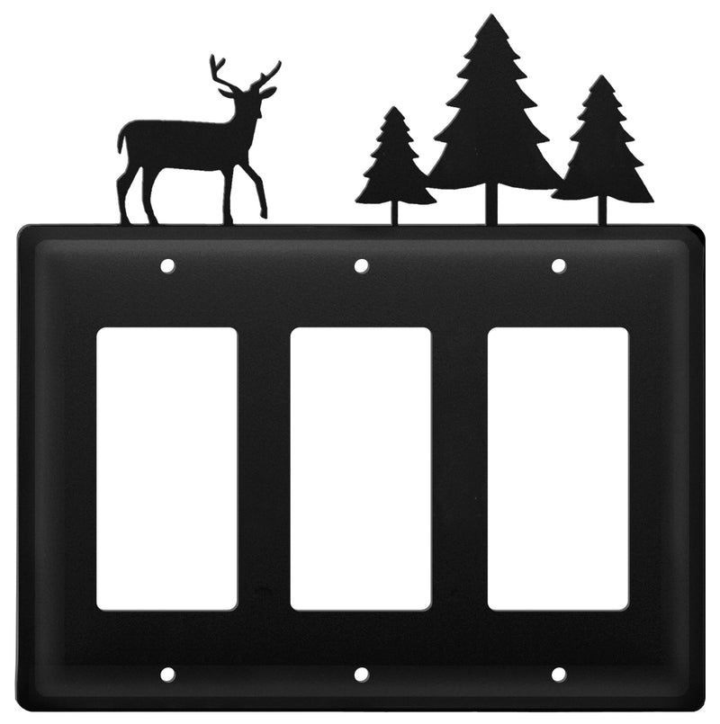 Triple Deer & Tree Triple GFI Cover CUSTOM Product features a black metal wall plate with deer and pine tree silhouettes. Ideal for rustic home decor.