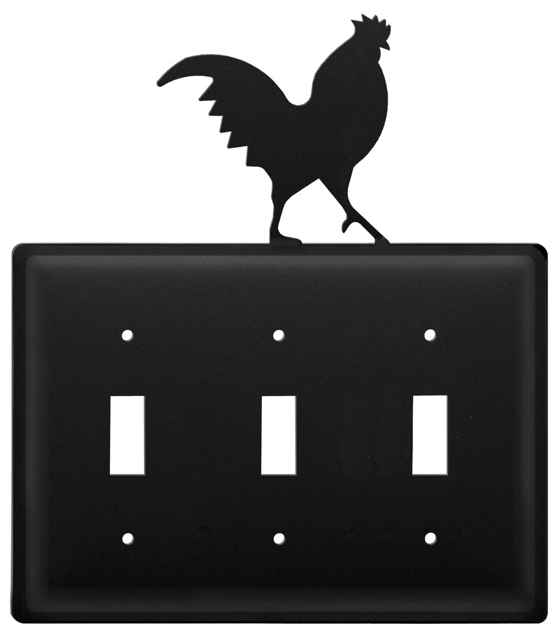 Triple Rooster Triple Switch Cover in matte black with decorative rooster silhouette, ideal for farmhouse-style wall decor in electrical hardware.