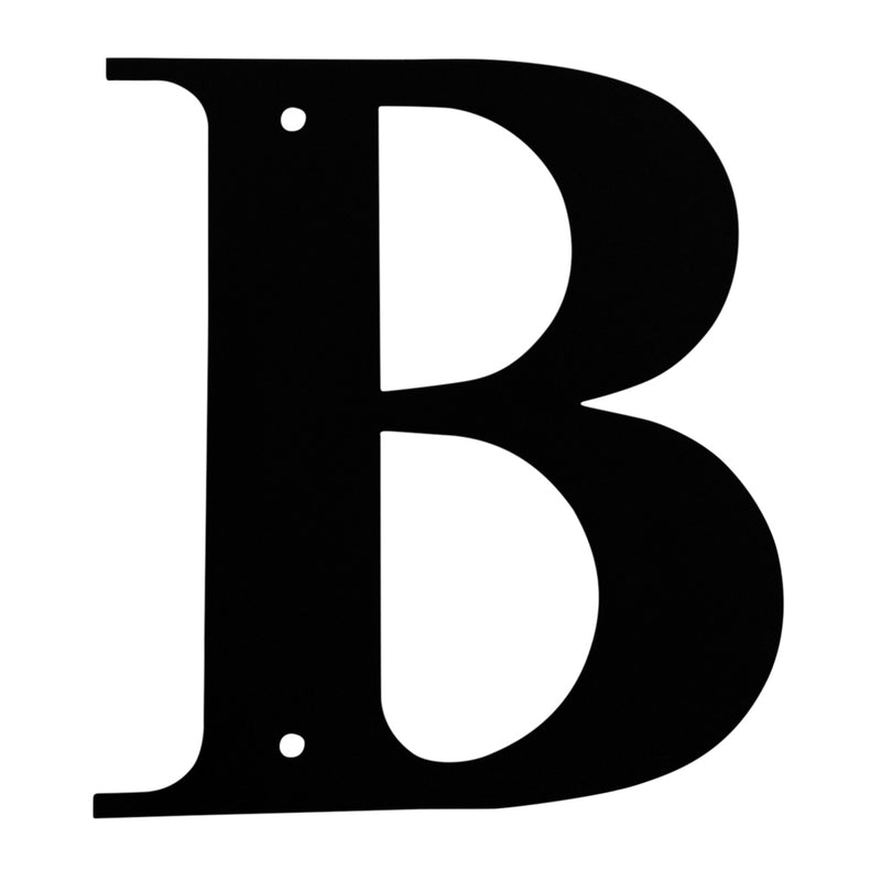 Letter B Medium black metal house letter with two mounting holes, ideal for outdoor home address display or garden decor.
