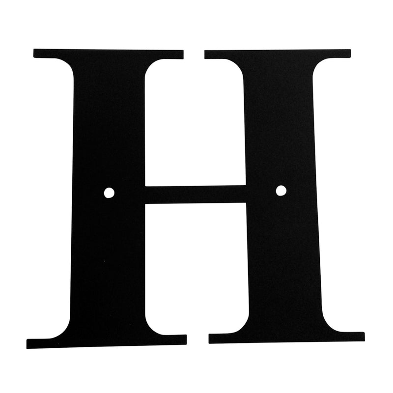 Letter H Medium black metal house letter with pre-drilled holes for mounting. Ideal for outdoor home address display or garden decor.