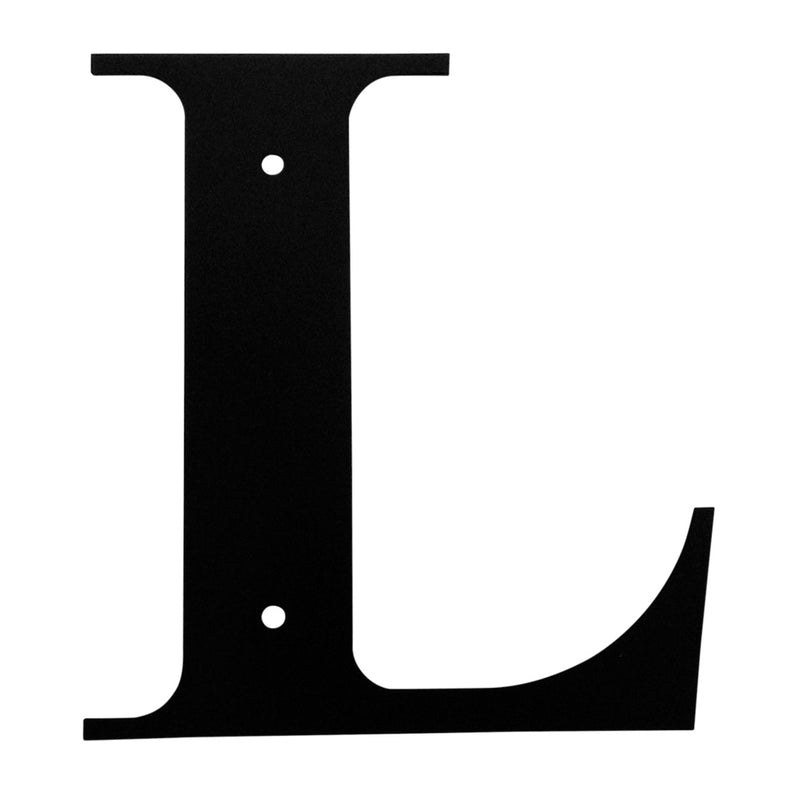 Letter L Large black metal house letter with two mounting holes, ideal for outdoor home address display. Durable decor for home & garden signage.