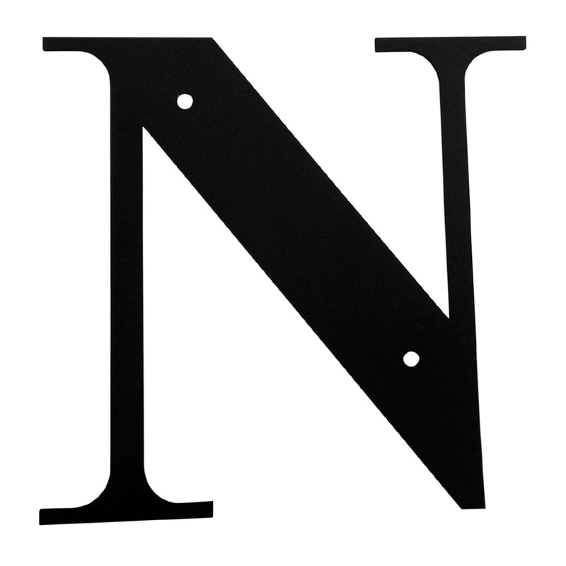 Letter N Medium black metal house letter with pre-drilled holes for mounting. Ideal for outdoor home address or decorative wall display.