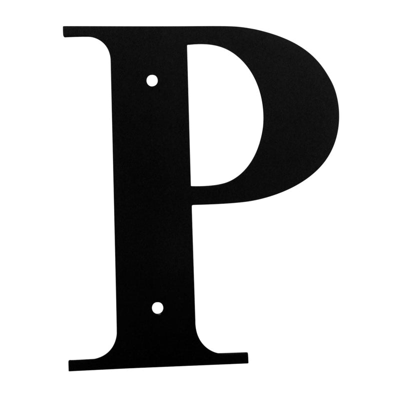 Letter P Large black metal house letter with two mounting holes, ideal for outdoor home address display. Durable decor for home and garden signage.