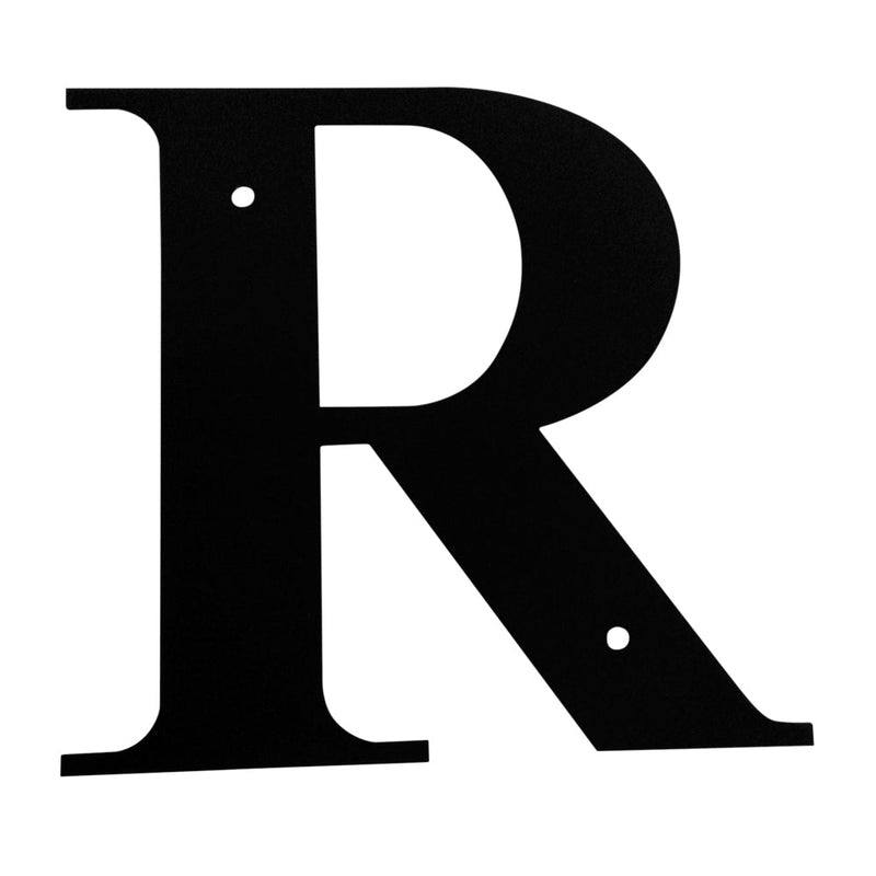 Letter R Medium black metal house letter with pre-drilled holes for mounting. Ideal for outdoor home address display or decorative signage.
