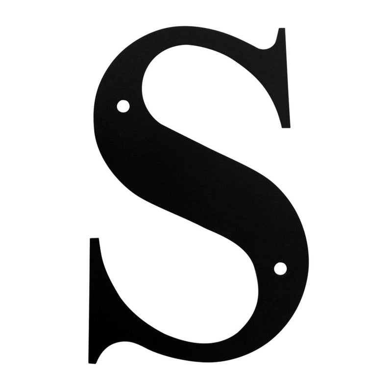 Letter S Medium black metal house letter with pre-drilled holes for mounting. Ideal for outdoor home address display or garden decor.