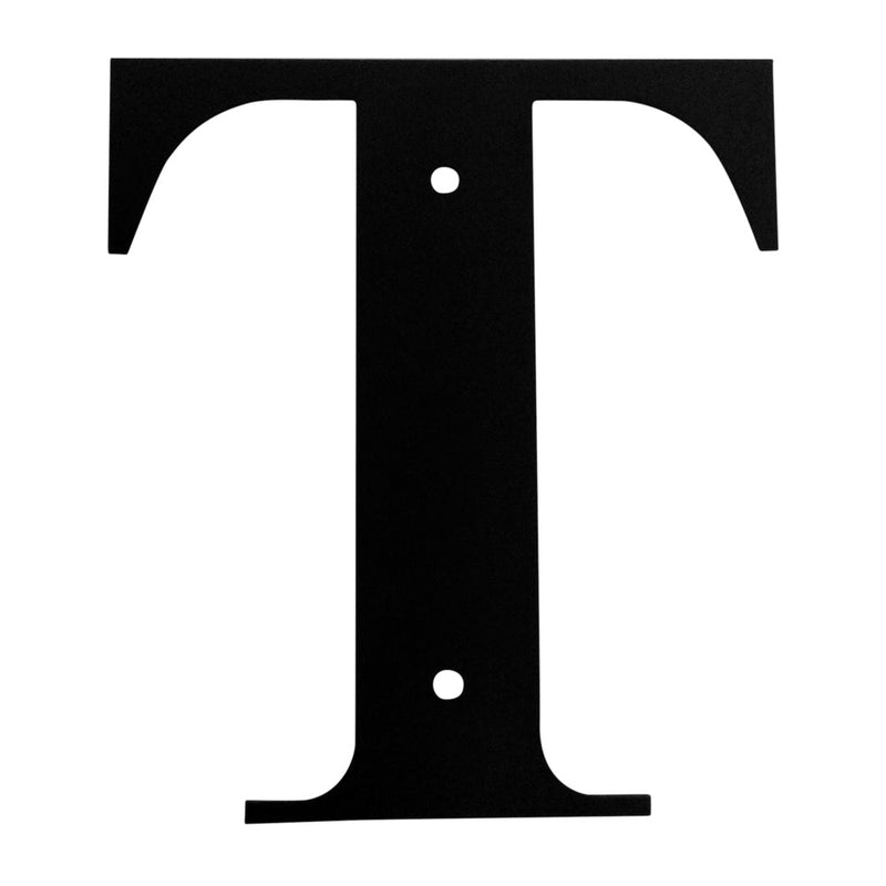 Letter T Large black metal house letter with two mounting holes, ideal for outdoor home address display. Durable decor for home and garden use.