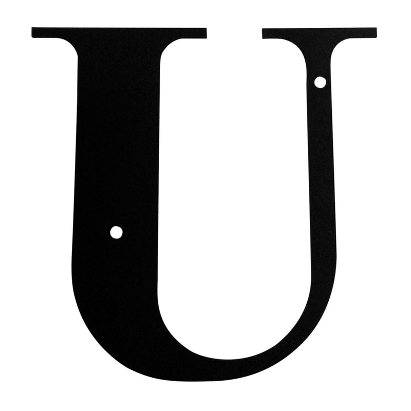 Letter U Large black metal house letter with pre-drilled holes for mounting. Ideal for outdoor home address or decorative signage.