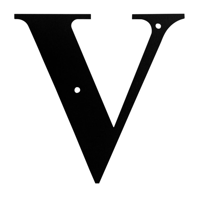 Letter V Medium black metal house letter with pre-drilled holes for mounting. Ideal for outdoor home address display or garden decor.