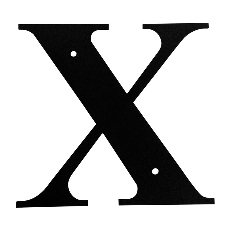 Letter X Medium black metal house letter with pre-drilled holes for mounting. Ideal for outdoor home address display or garden decor.