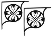 Pair of Ribbon Shelf Brackets Large in black metal with elegant circular ribbon motif, designed for sturdy and decorative shelf mounting.