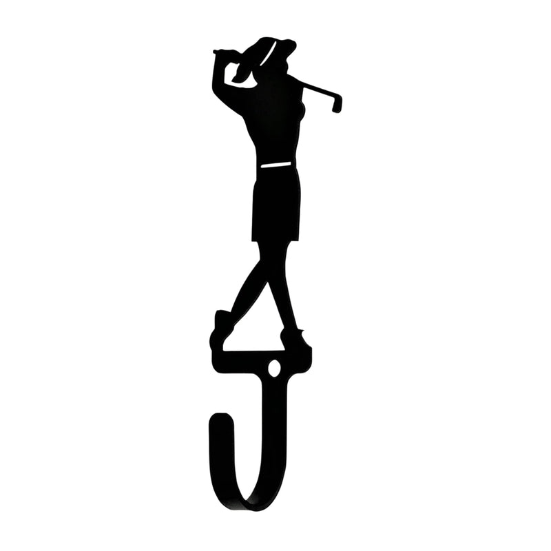 Small black metal wall hook shaped like a female golfer in mid-swing, ideal for organizing items in home or garden spaces.