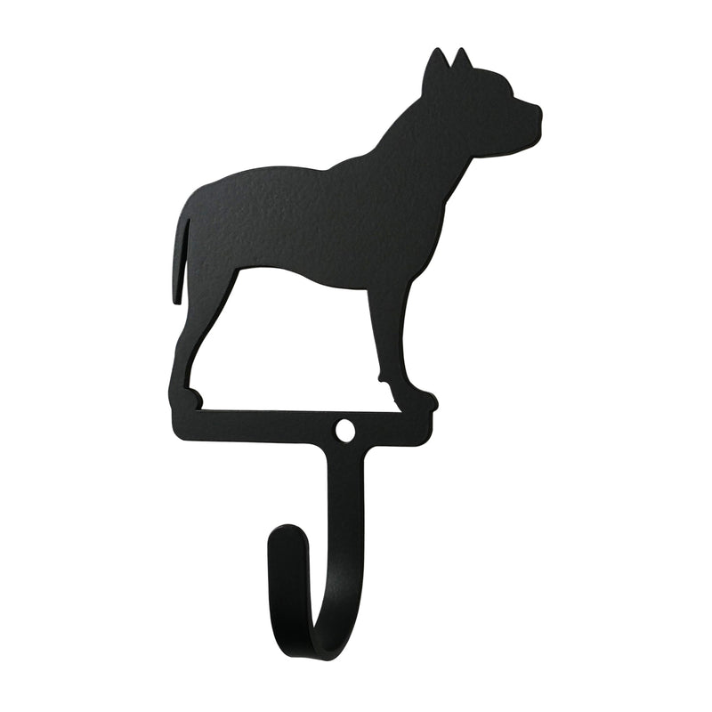 Pit Bull Wall Hook Small features a black metal silhouette of a pit bull with a single curved hook, ideal for hanging leashes or pet accessories.