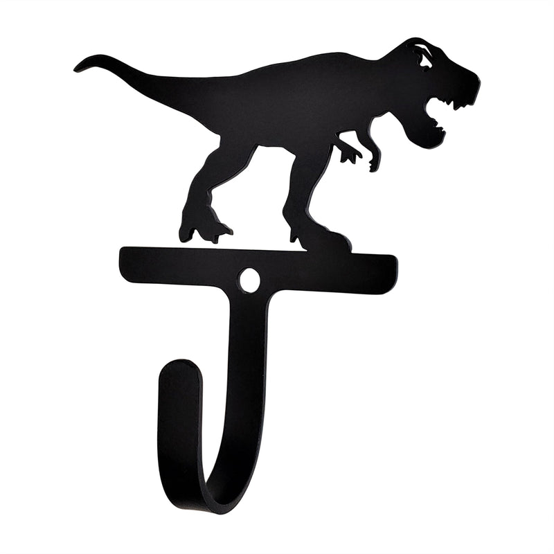 T REX Wall Hook Small features a black metal utility hook with a T-Rex silhouette, ideal for organizing items in kids' rooms or themed spaces.