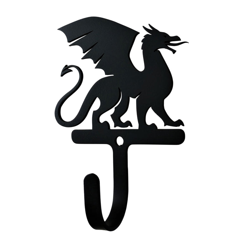 Dragon Wall Hook Small features a black metal silhouette of a dragon with wings, ideal for fantasy-themed home decor and utility storage needs.