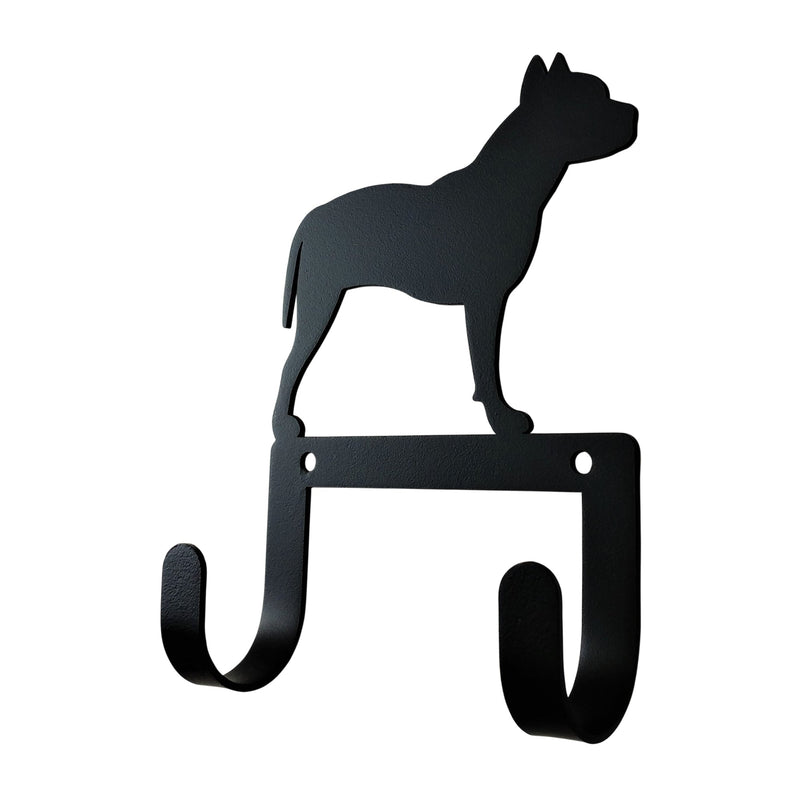 PIT BULL Leash Collar Double Wall Hook in black metal with silhouette of a pit bull dog, ideal for organizing dog leashes and collars at home.