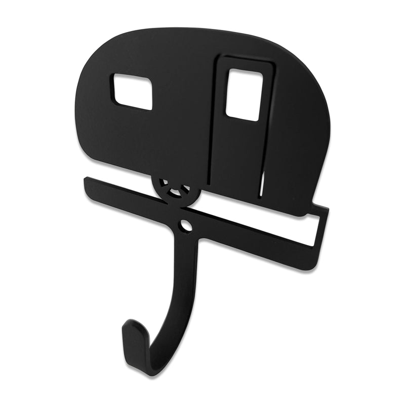 Camper Wall Hook Small in black metal shaped like a camper trailer, ideal for hanging keys or accessories in home or RV storage setups.