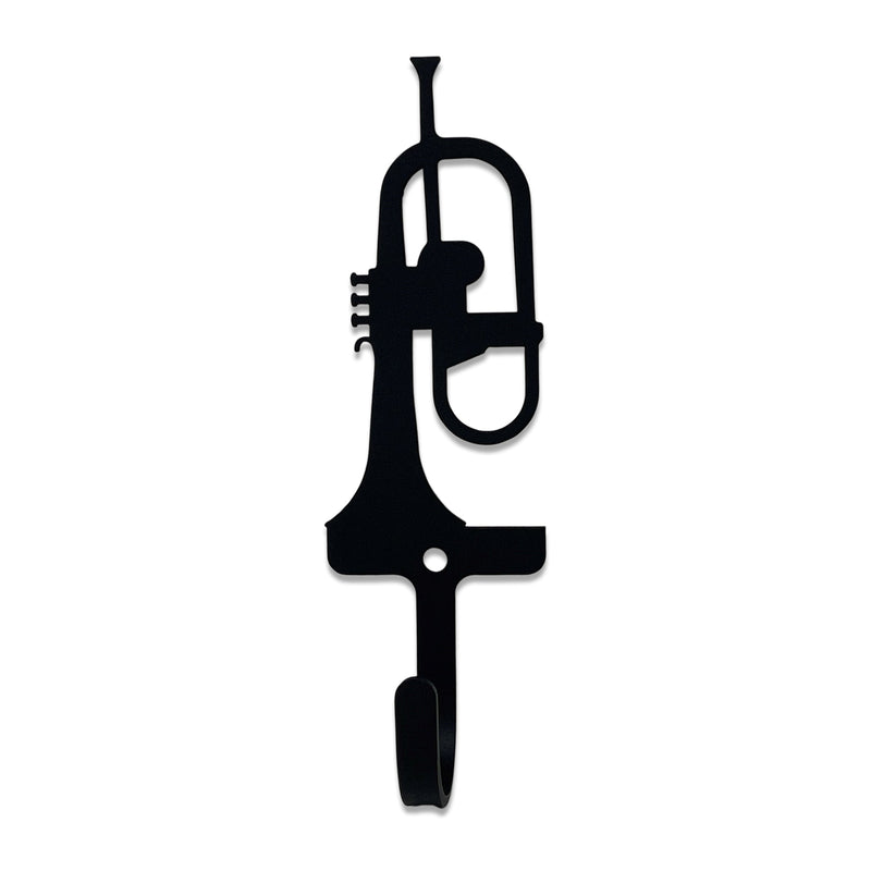 Trumpet Wall Hook Small in black metal, shaped like a trumpet with a single utility hook. Ideal for music-themed home storage and decor.