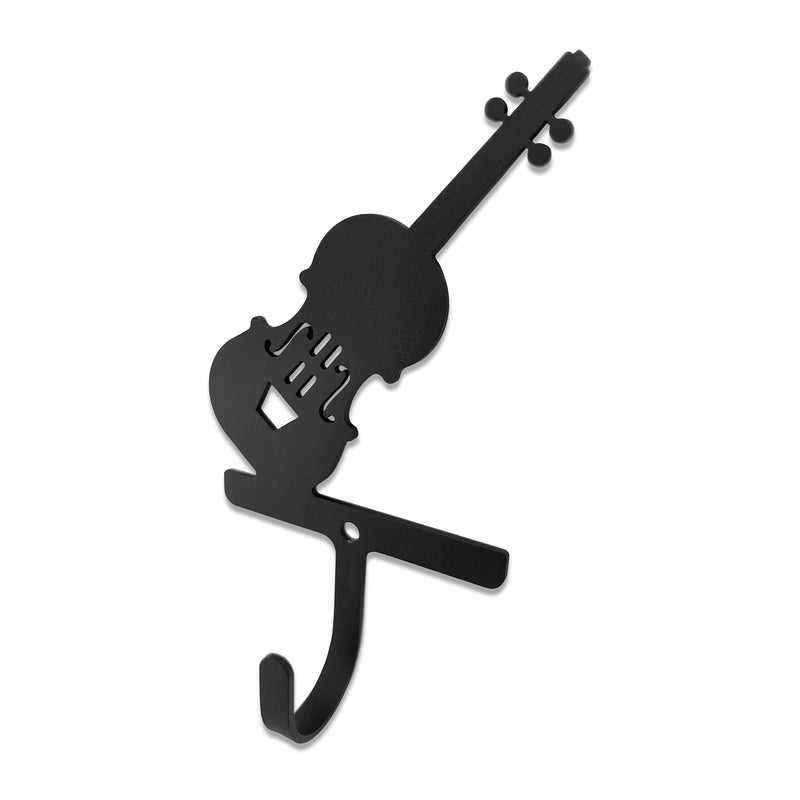 Violin Wall Hook Small in black metal with a violin silhouette design, ideal for hanging items in music-themed home decor.
