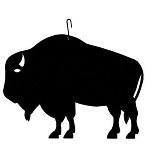 Black buffalo hanging silhouette wall art with horn detail and hanging hook, perfect for outdoor or indoor decorative plaques.