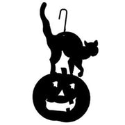 Silhouette-style Cat Pumpkin Hanging Decor with a spooky cat atop a carved pumpkin. Includes hook for easy hanging in seasonal home displays.